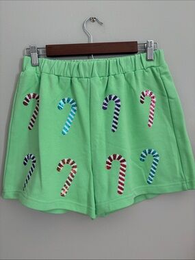 Belle Cher Green Candy-Cane Sequin Athletic Shorts NWOTS
